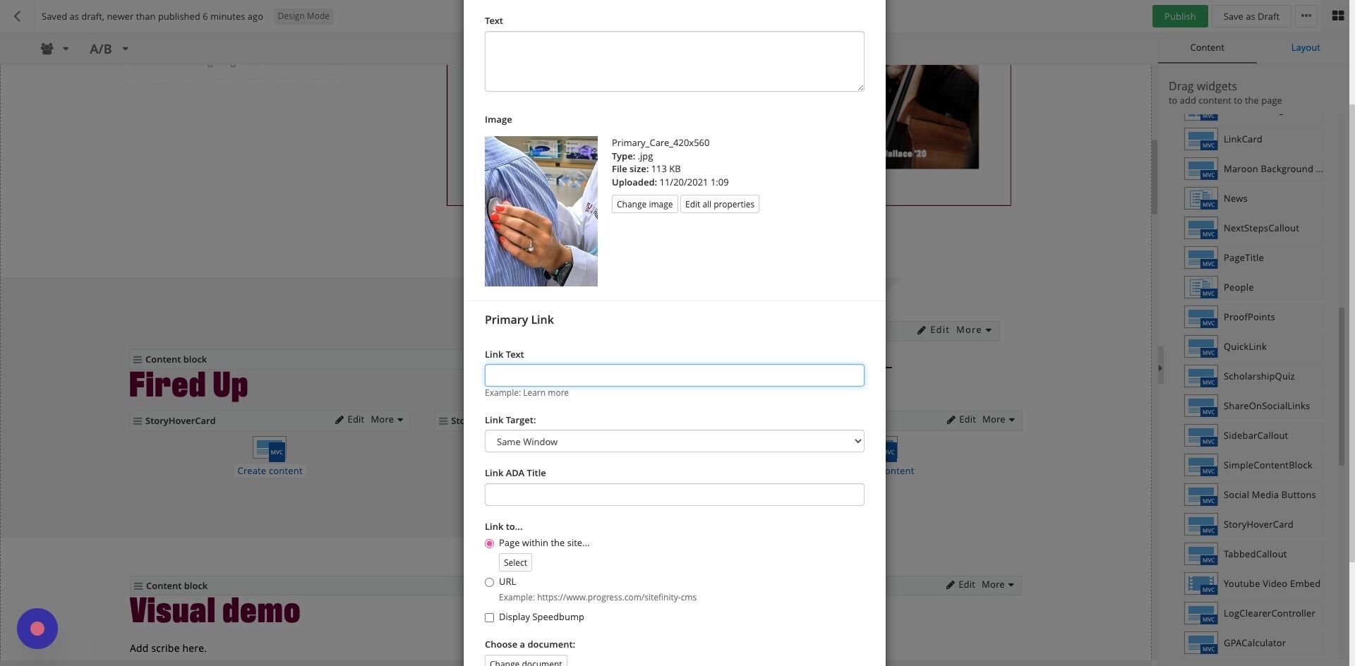 Screenshot of: Link Text: Enter your Call To Action Text. Recommendation: Max 30 characters.