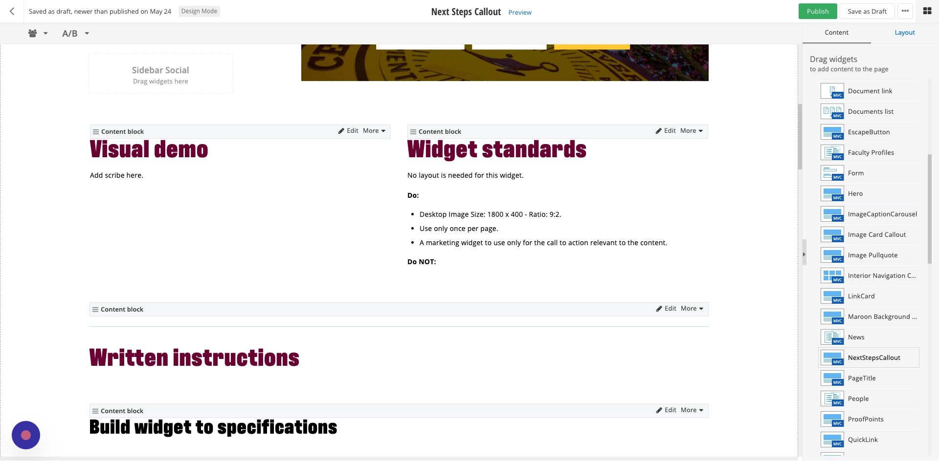 Screenshot of: Add the NextStepsCallout widget to the page in the 