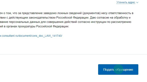 Screenshot of: Нажмите кнопку "Подать обращение". 