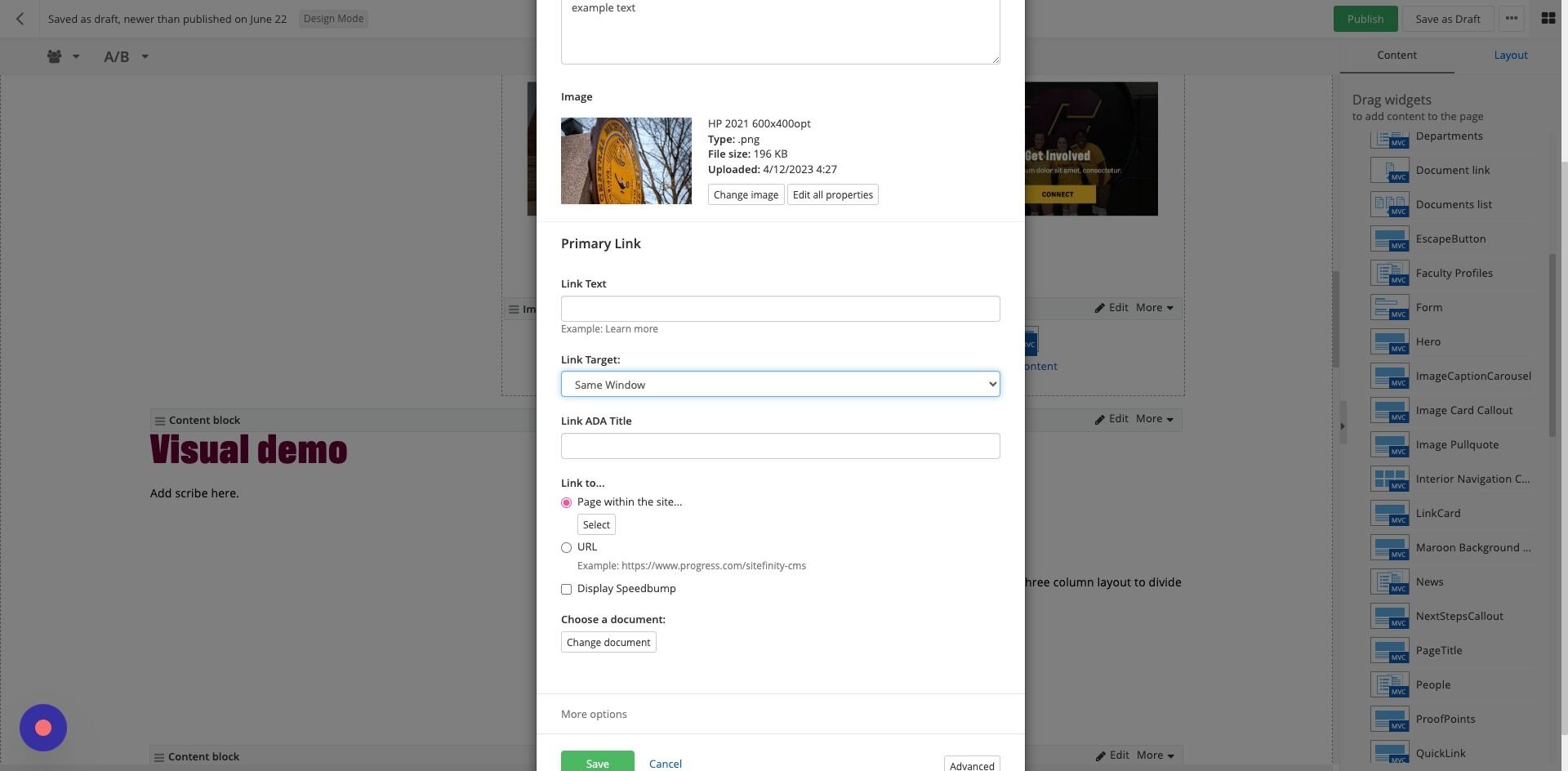 Screenshot of: Link Target: Select your option based on criteria:
      a. Same Window: for internal CMU pages.
      b. New Window: for external pages not within cmich.edu.
