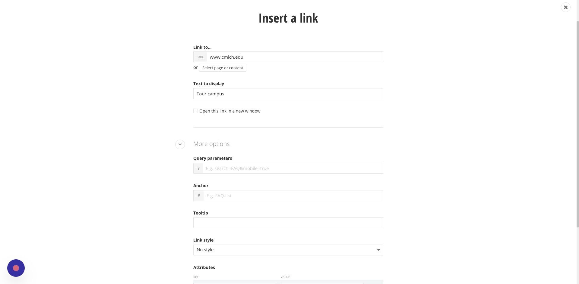 Screenshot of: Note: All links entered must have a Tooltip text set (located under more options). Example: If link says 