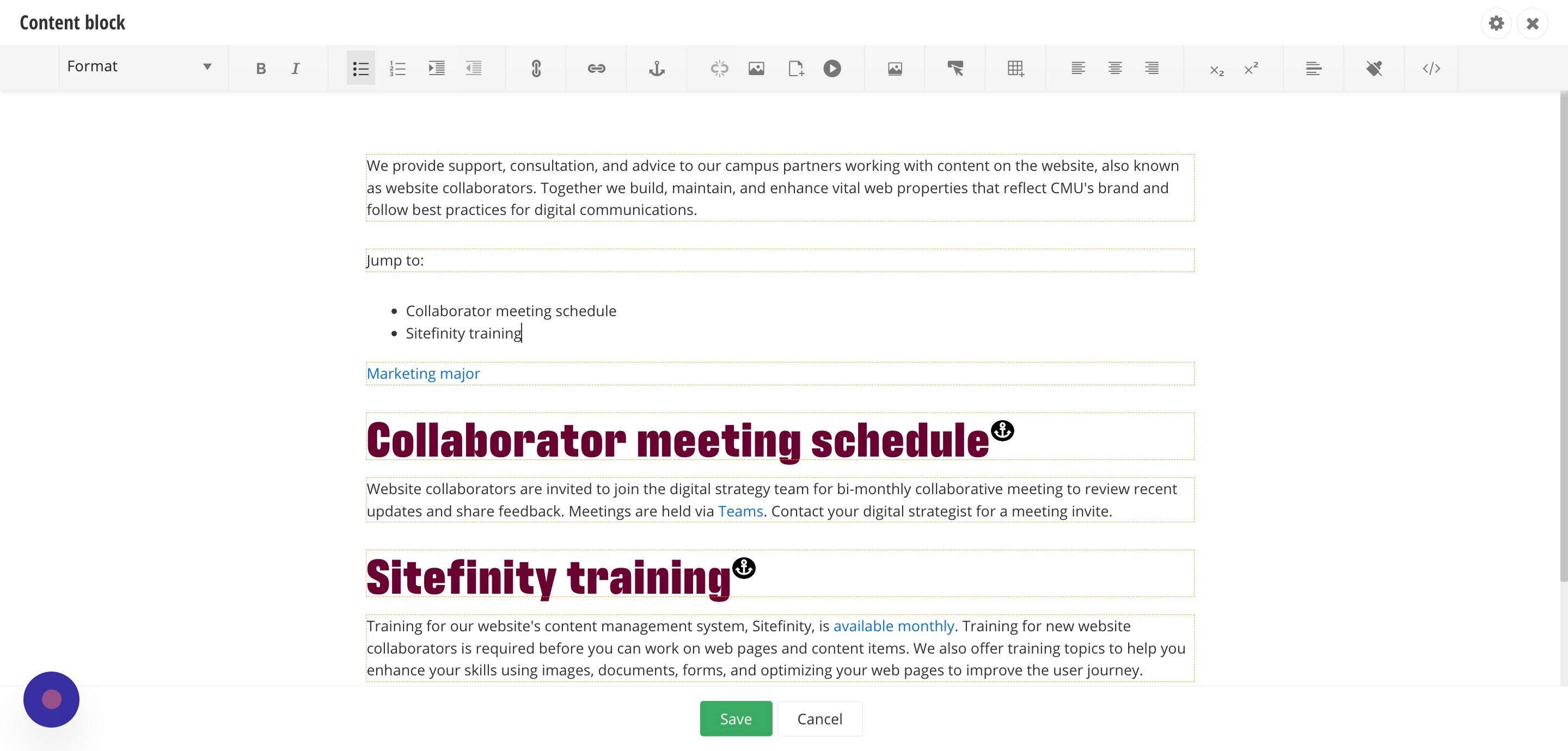 Screenshot of: Highlight the text you'll be using to link to the anchor link you added earlier and click on the link icon in the toolbar.