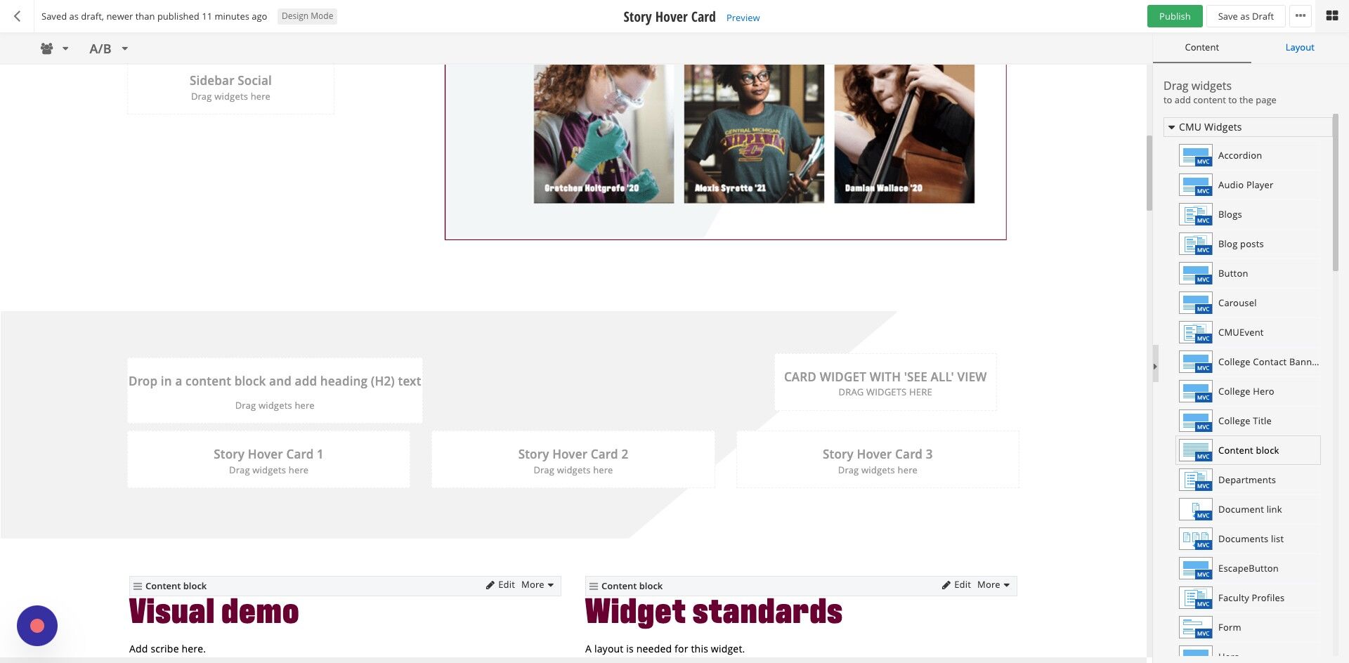 Screenshot of: Add Content Block widgets into the two top layout containers.