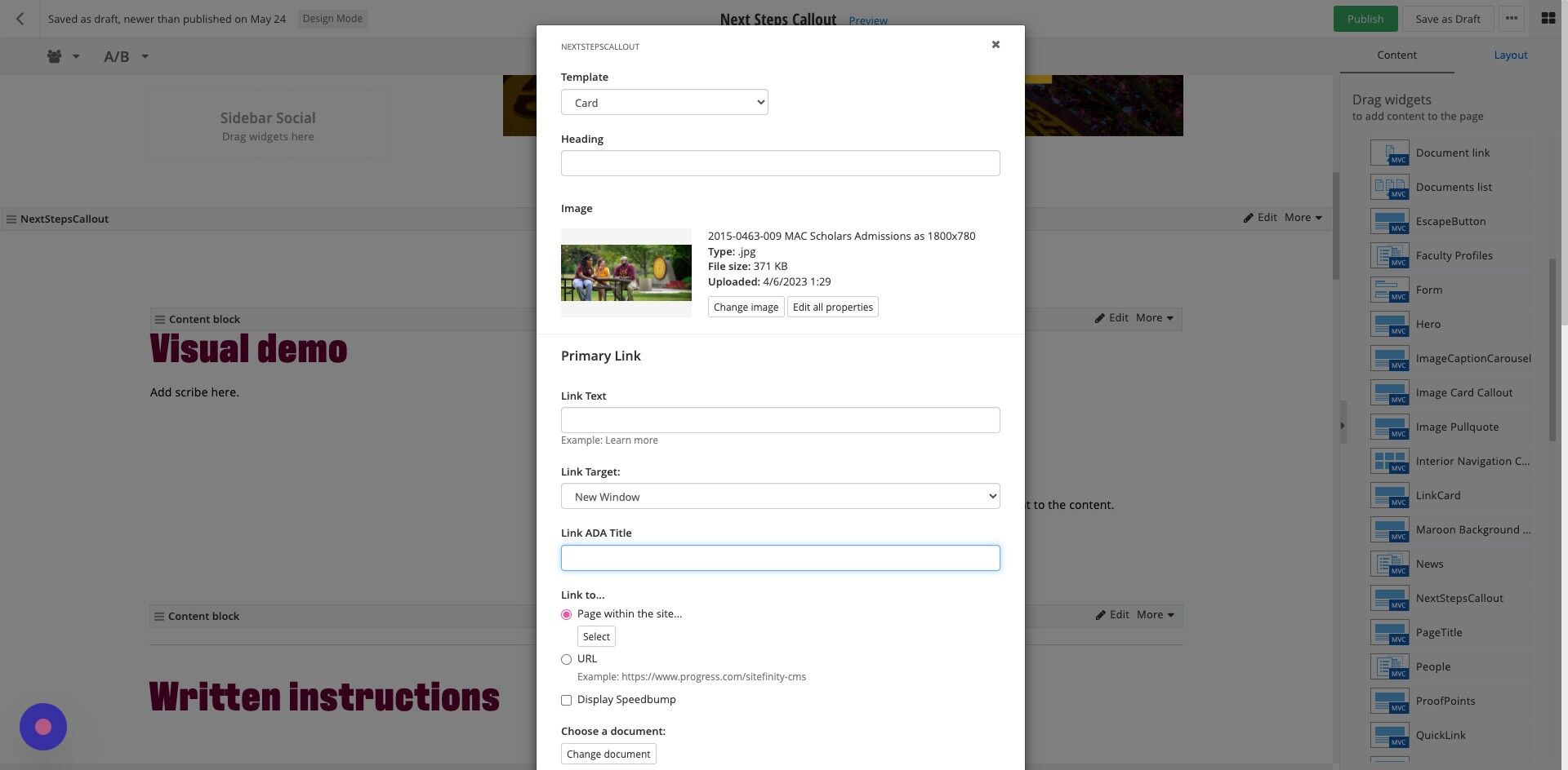 Screenshot of: Link ADA text: Enter your ADA text.