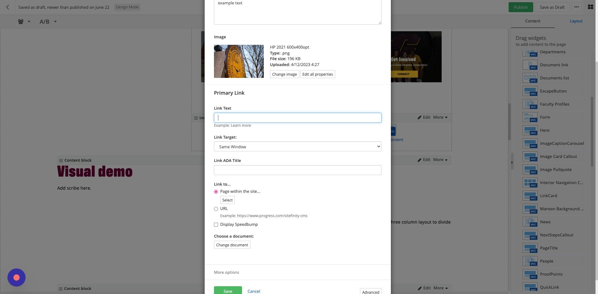 Screenshot of: Link Text: Enter your Call To Action link text. Recommend max 30 characters with spaces.