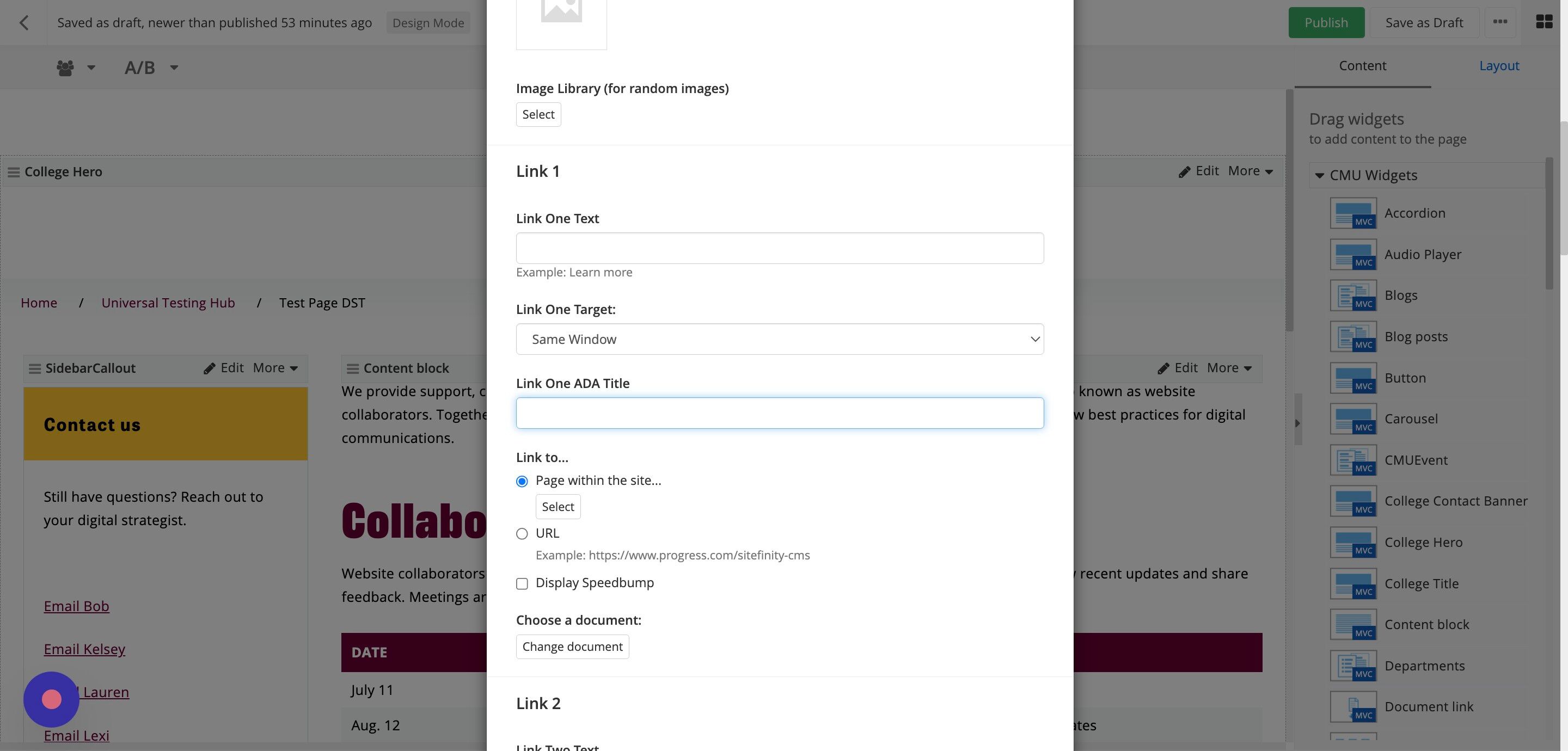 Screenshot of: Select or add your link address.
Page within the site, will take you to the page tree for selection.
In the External URL field, include full URL of link outside of cmich.edu.