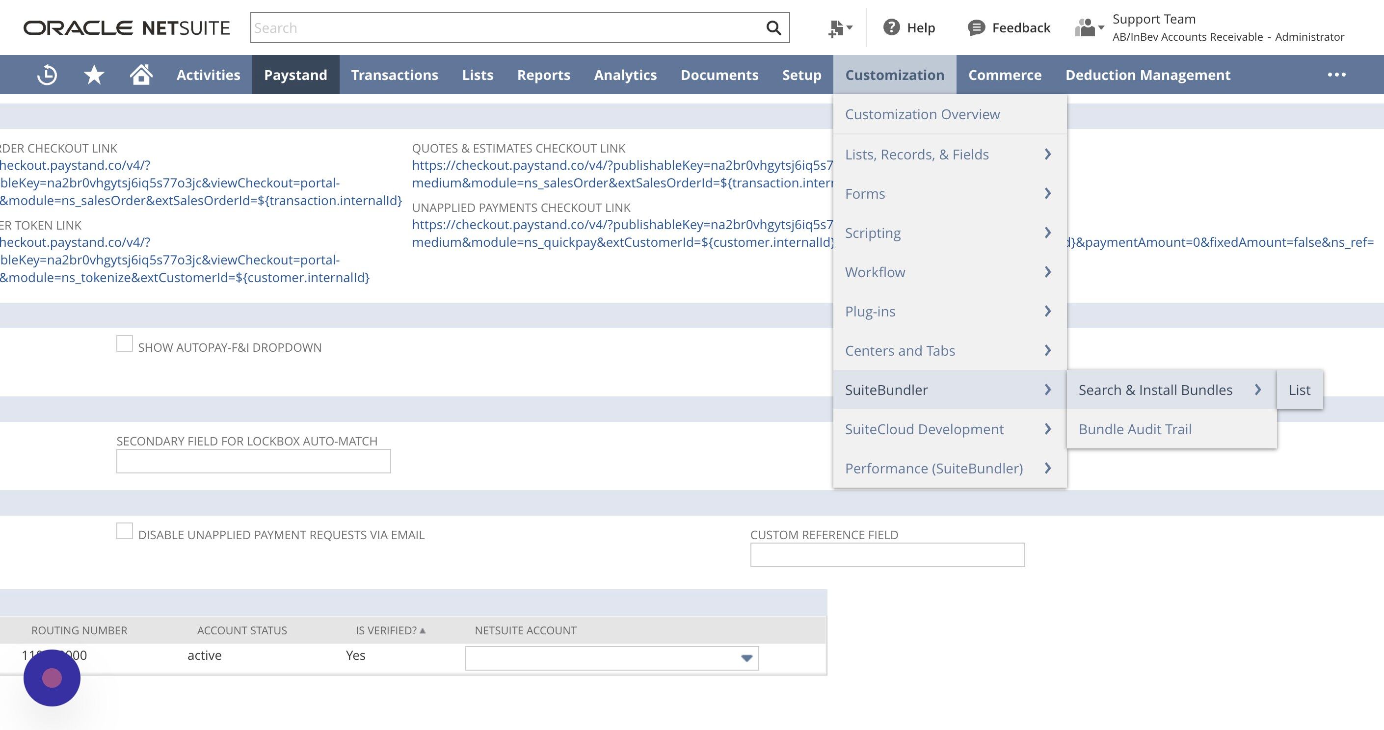 Screenshot of: Go to the "Customization" menu in Netsuite.
Select "SuiteBundler" and then click on "Search & Install Bundles."