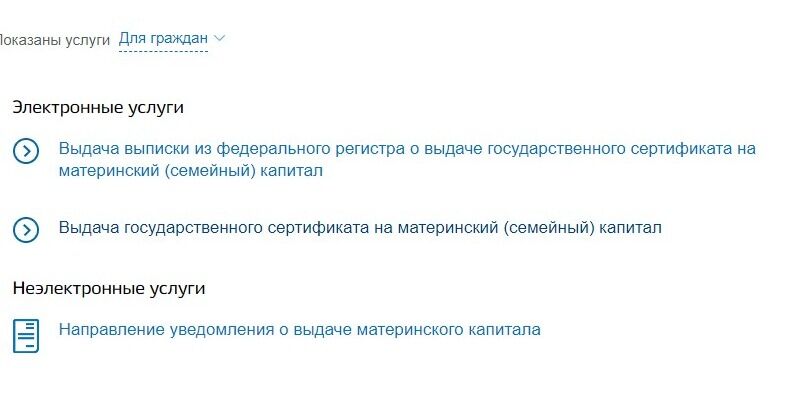 Screenshot of: В электронных услугах выберите услугу "Выдача государственного сертификата на материнский (семейный) капитал".