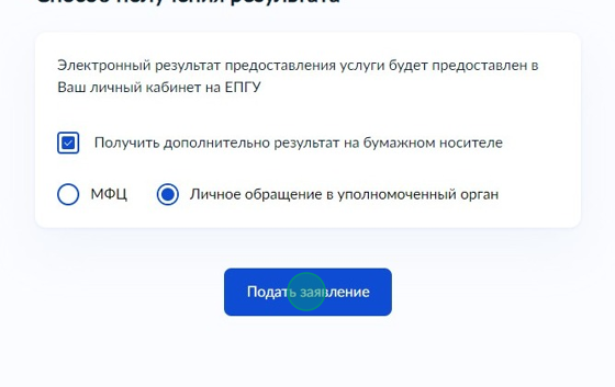 Screenshot of: Нажмите кнопку "Подать заявление". 