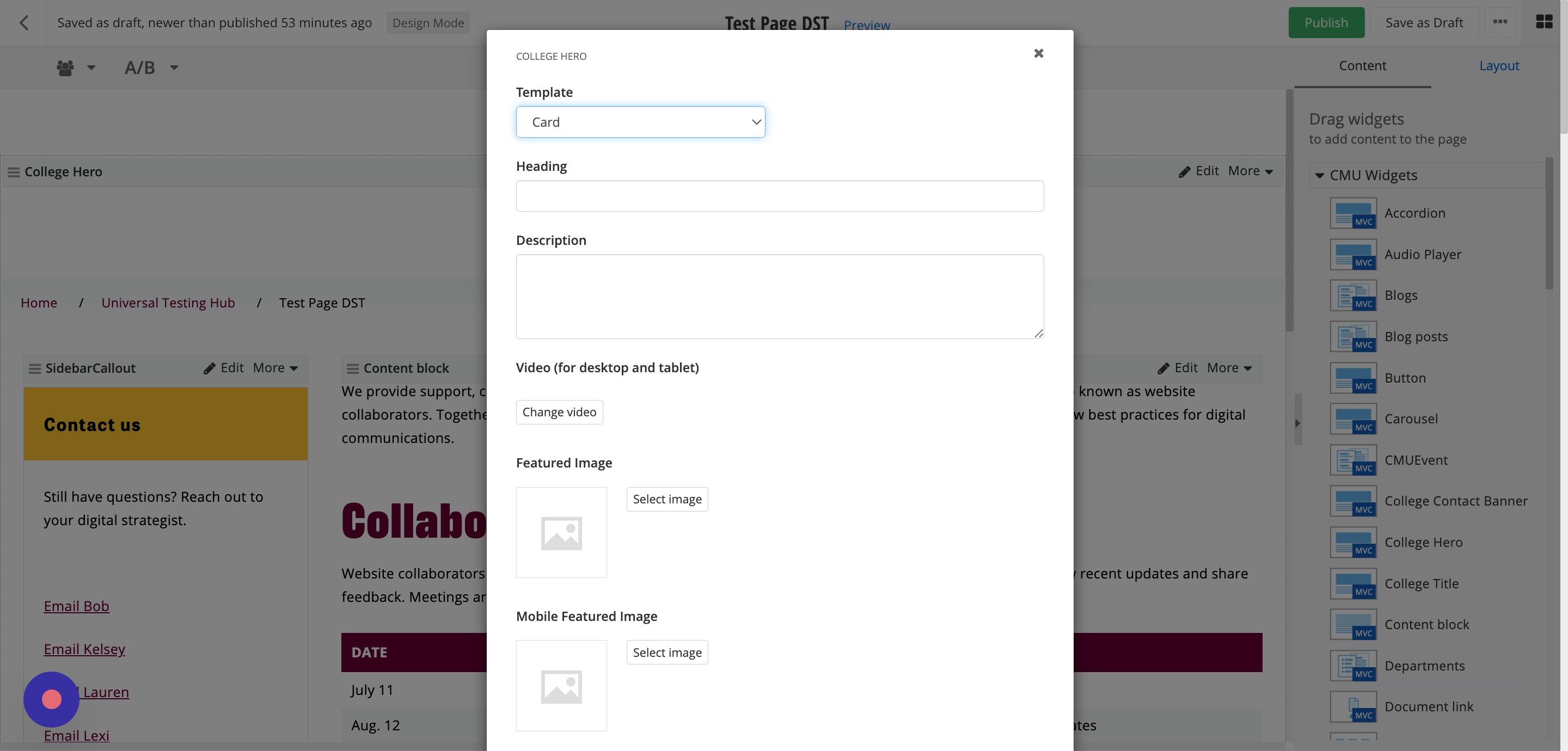 Screenshot of: Add the name of your college in the Heading field.
