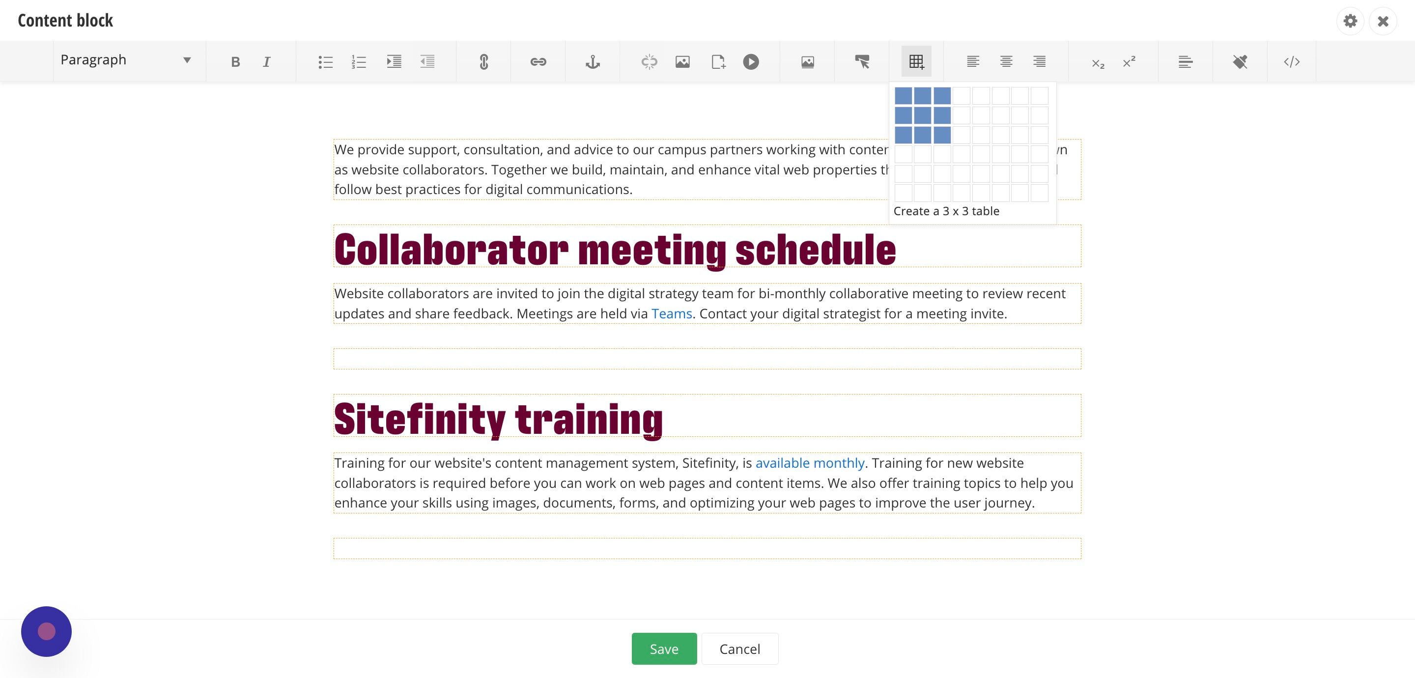 Screenshot of: Highlight the number of rows and columns you want in your table. Once you're done selecting, the system will generate a table.