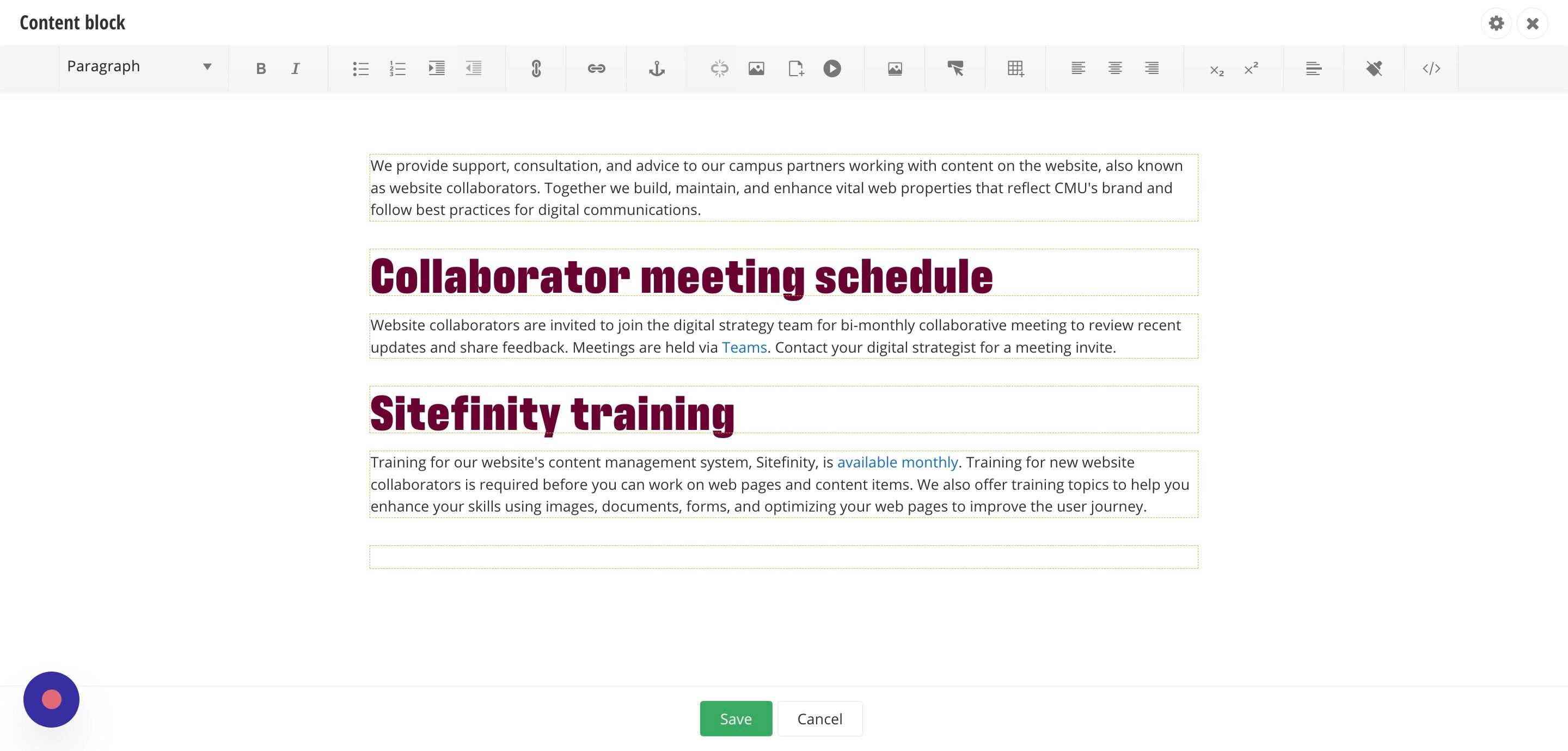 Screenshot of: Navigate to the place in your content where you want to add a table.