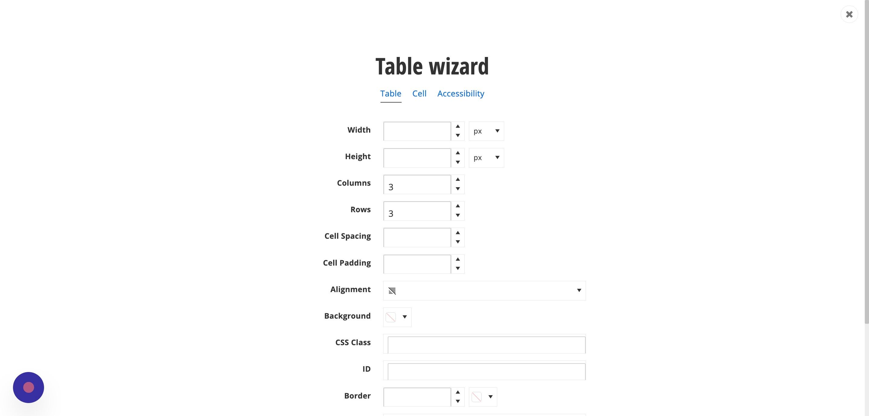 Screenshot of: In the table wizard window, click on Accessibility.
