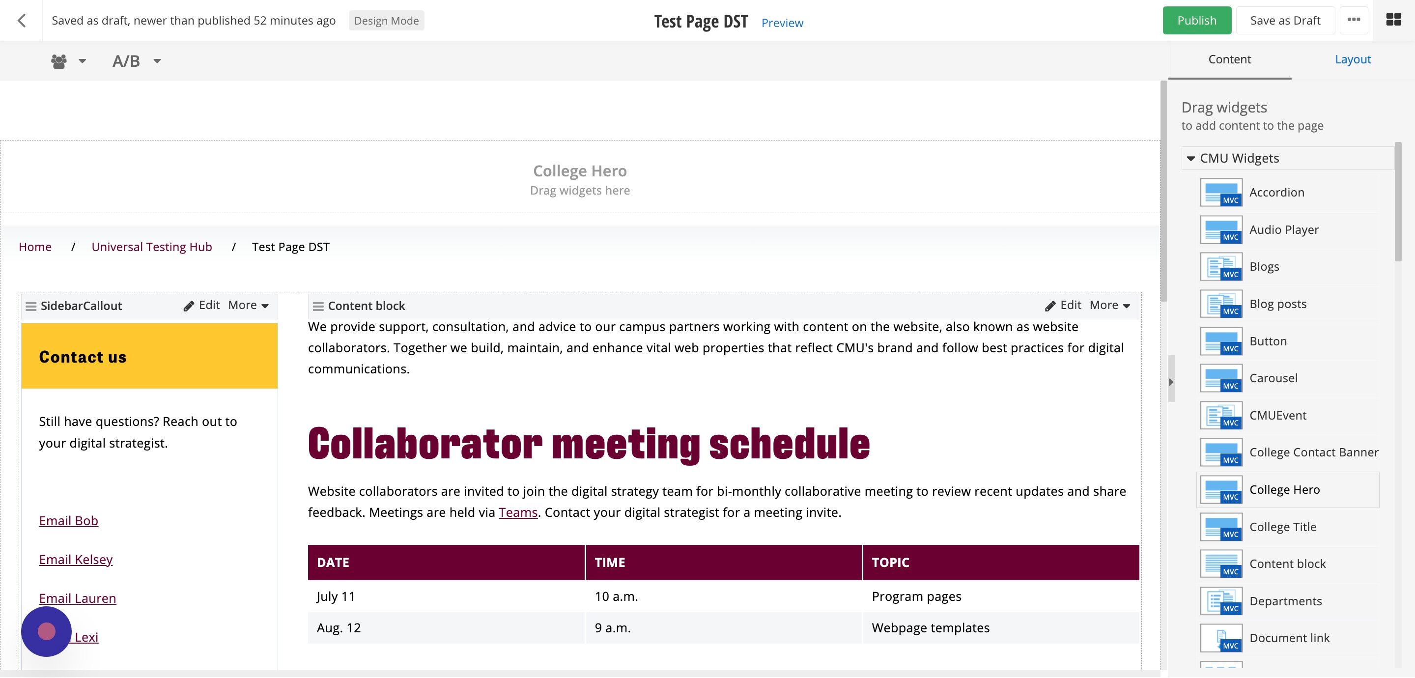 Screenshot of: Find the College Hero Widget and drag it over into the College Hero container at the top of the page.