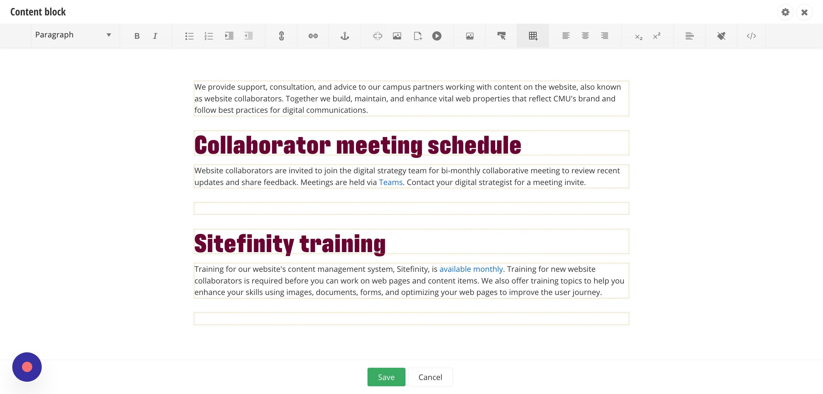 Screenshot of: Click on the create a table icon in the toolbar. This will open up a collection of squares you can use to select how many rows and columns you want in your table.