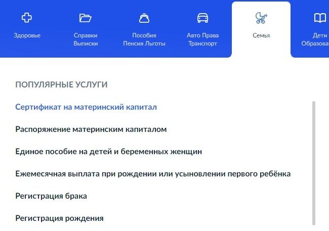 Screenshot of: В списке «Популярные услуги» выберите услугу "Сертификат на материнский капитал".
