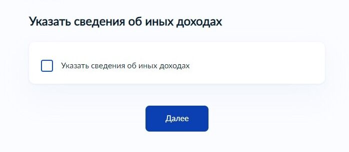 Screenshot of: При необходимости, можете указать сведения об иных доходах, поставив галочку. Если таковых нет, нажмите кнопку "Далее".