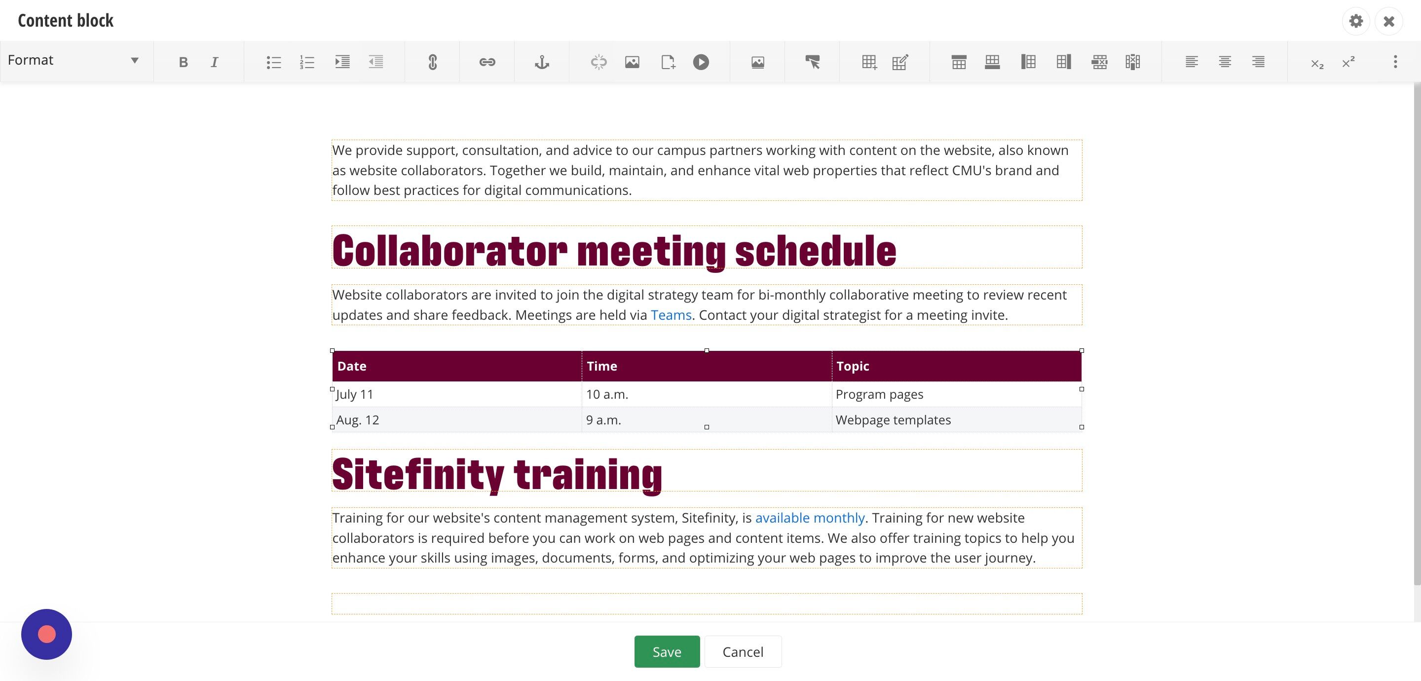 Screenshot of: Your table is now accessible. Click 