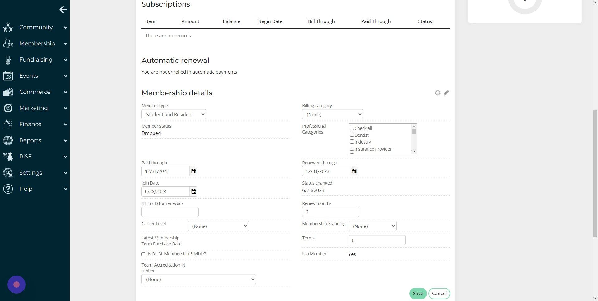 Screenshot of: Clear the "Paid through" field on a new member or revert to the previous year if they were a member prior.