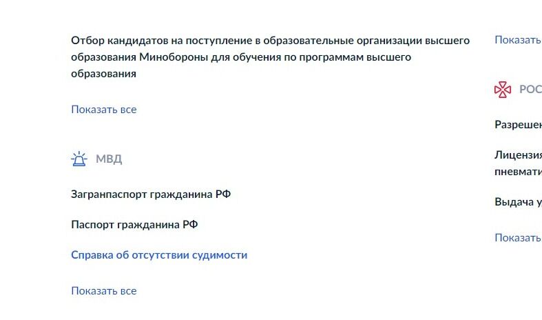 Screenshot of: В списке услуг выберите "Справка об отсутствии судимости".