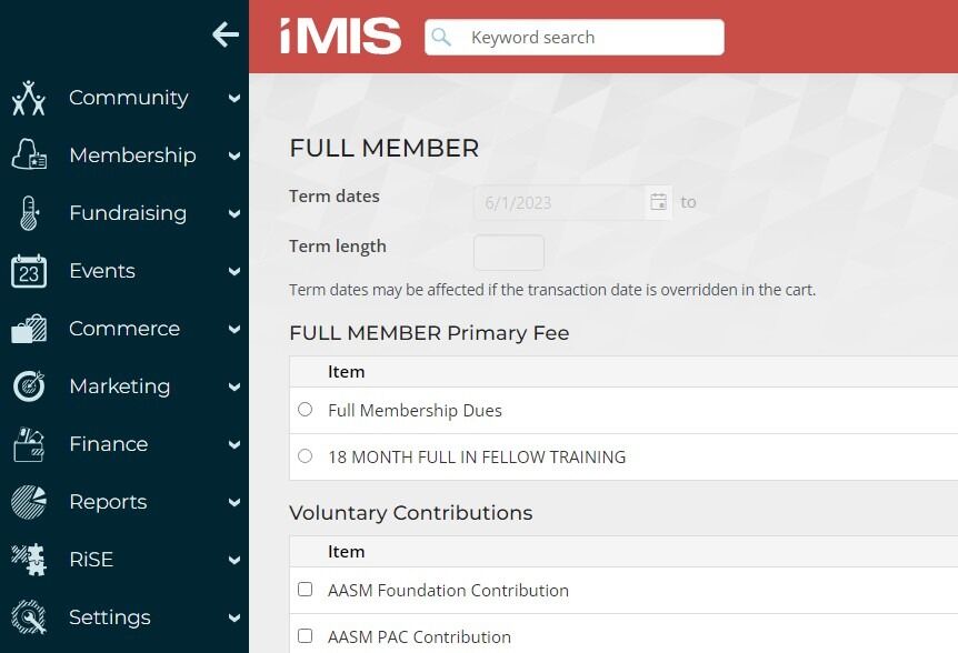 Screenshot of: Select the appropriate dues amount.