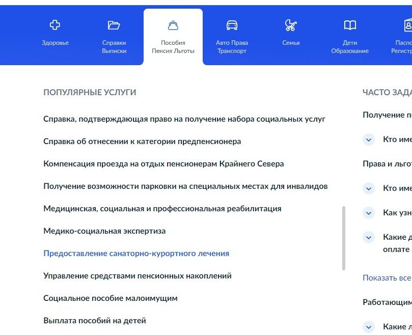 Screenshot of: Выберите услугу "Предоставление санаторно-курортного лечения".
