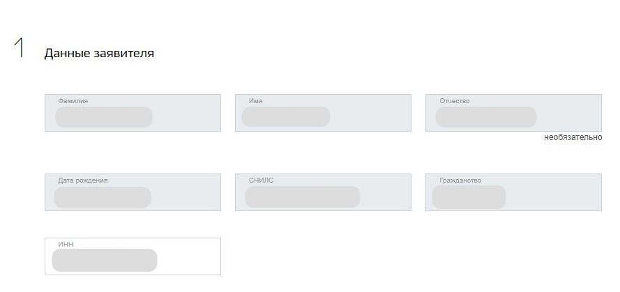 Screenshot of: Проверьте данные заявителя. Они подтягиваются автоматически из Вашего личного кабинета. 