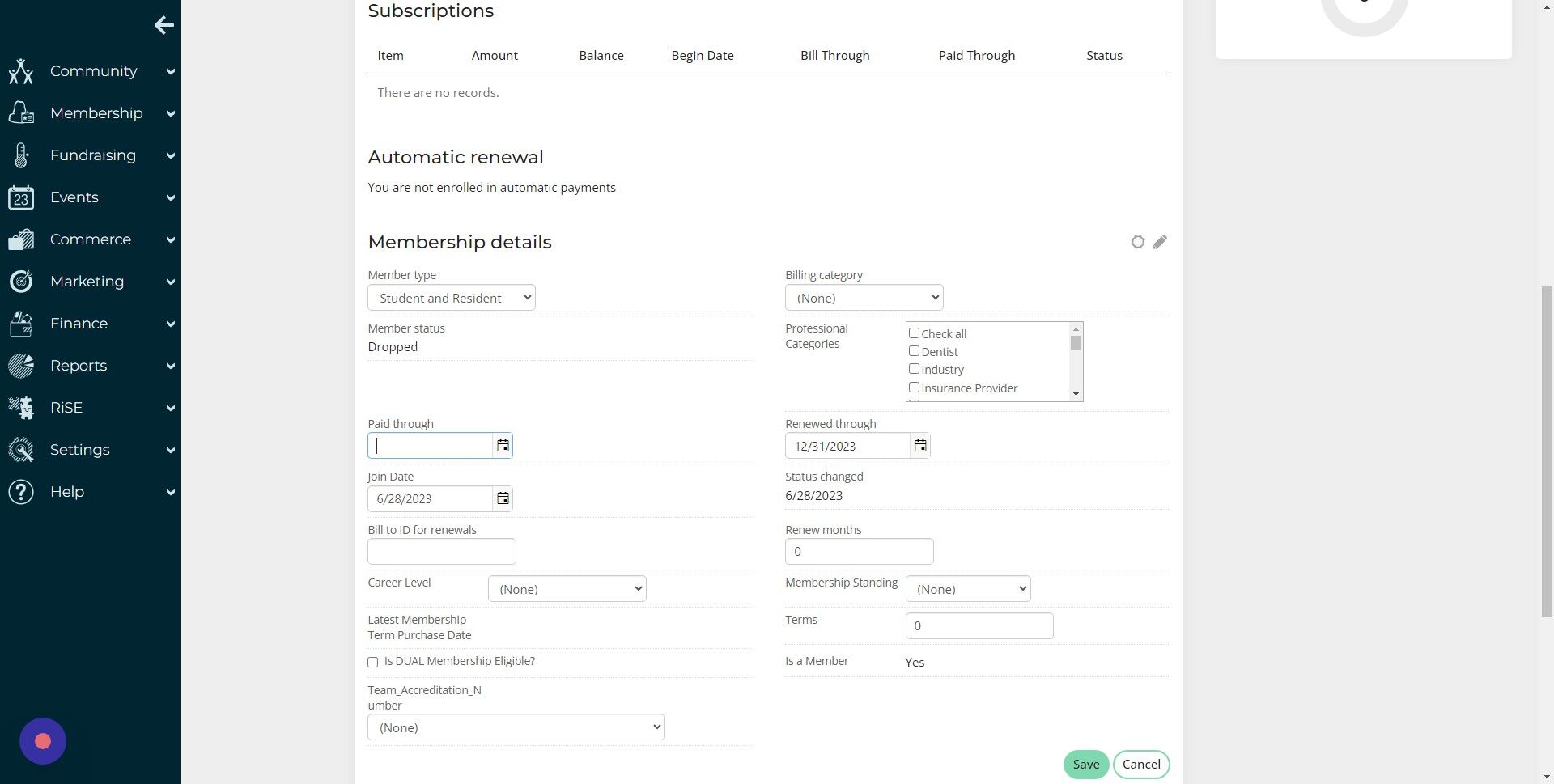 Screenshot of: Clear the "Renewed through" field on a new member or revert to the previous year if they were a member prior.