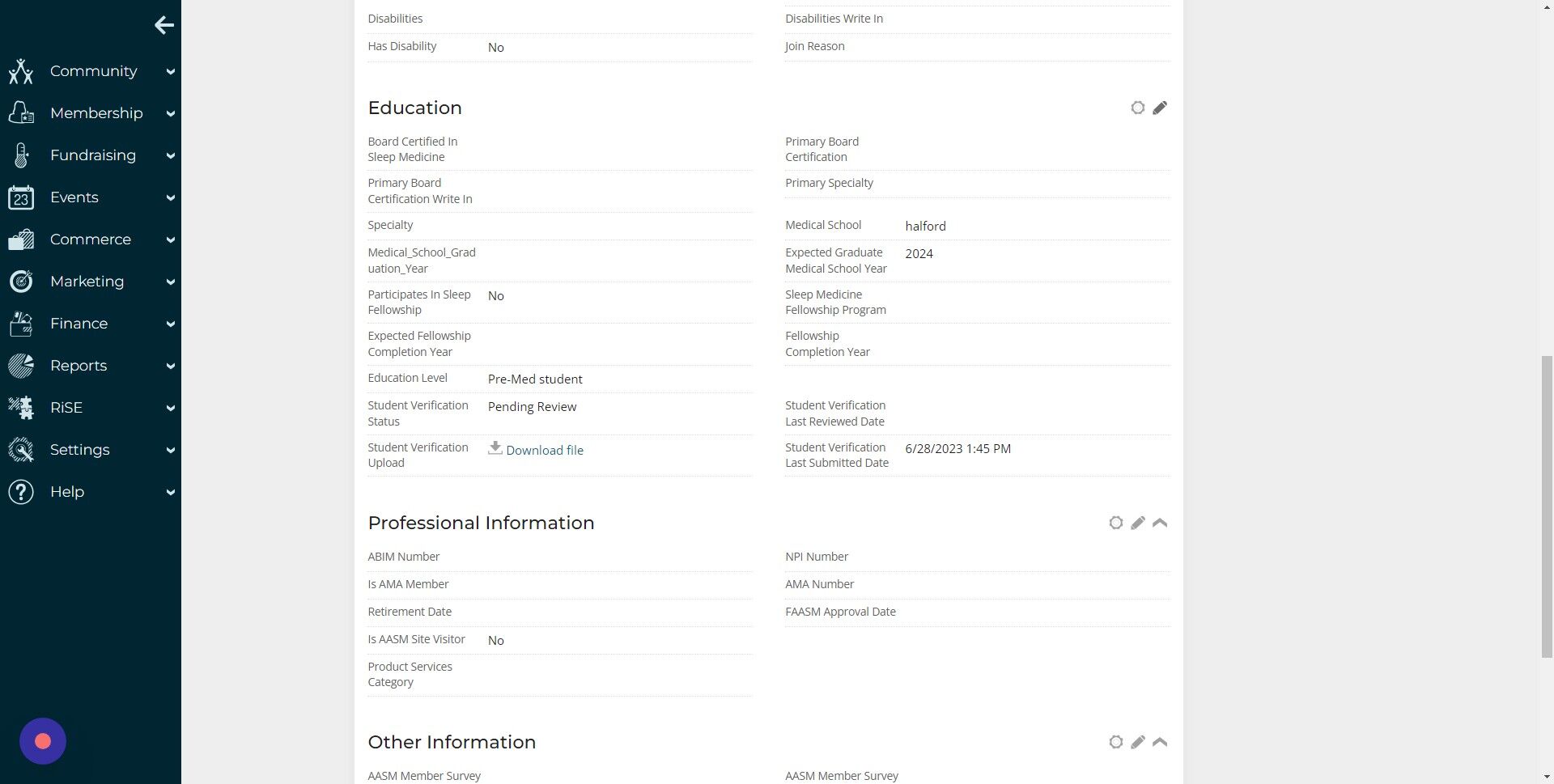 Screenshot of: Under the Education section of the contact record click the Pencil Icon.