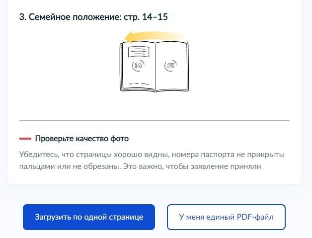 Screenshot of: Проверьте качество фото. Убедитесь, что страницы хорошо видны, номера паспорта не прикрыты пальцами или не обрезаны. Это важно, чтобы заявление приняли. Вы можете загрузить фото по одной странице или единым PDF-файлом. 