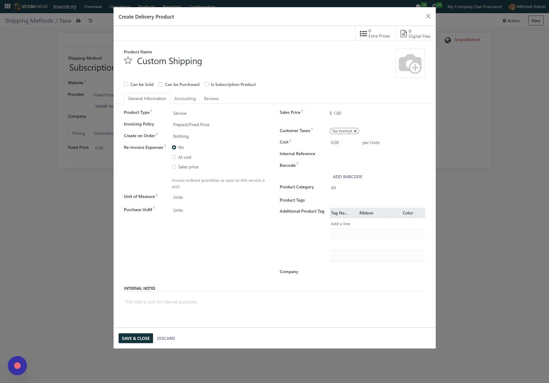 Screenshot of: Edit any of the fields you want need to.  You can select the "accounting" tab if you want to change the accounting defaults for your shipping products. Click "SAVE & CLOSE"