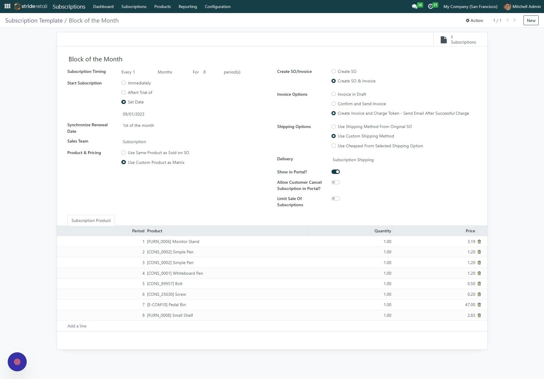Screenshot of: View of the subscription template being used.