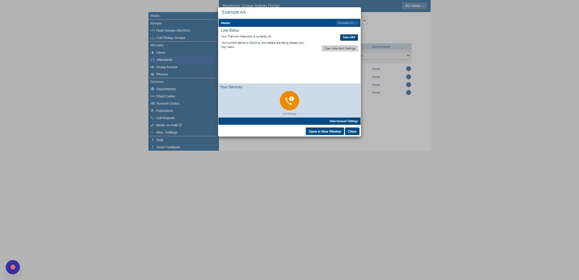 Screenshot of: Click "Open Attendant Settings"