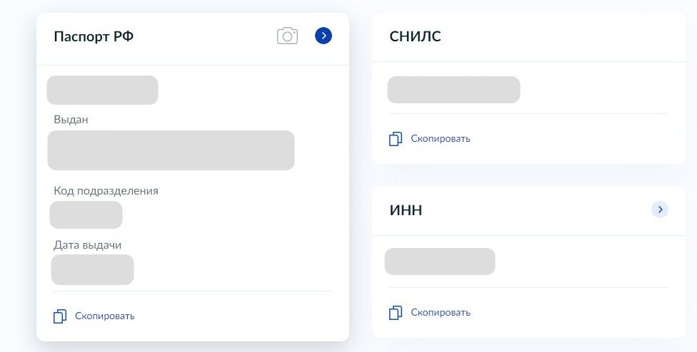 Screenshot of: Выберите "Паспорт РФ" и нажмите значок "стрелочки". 