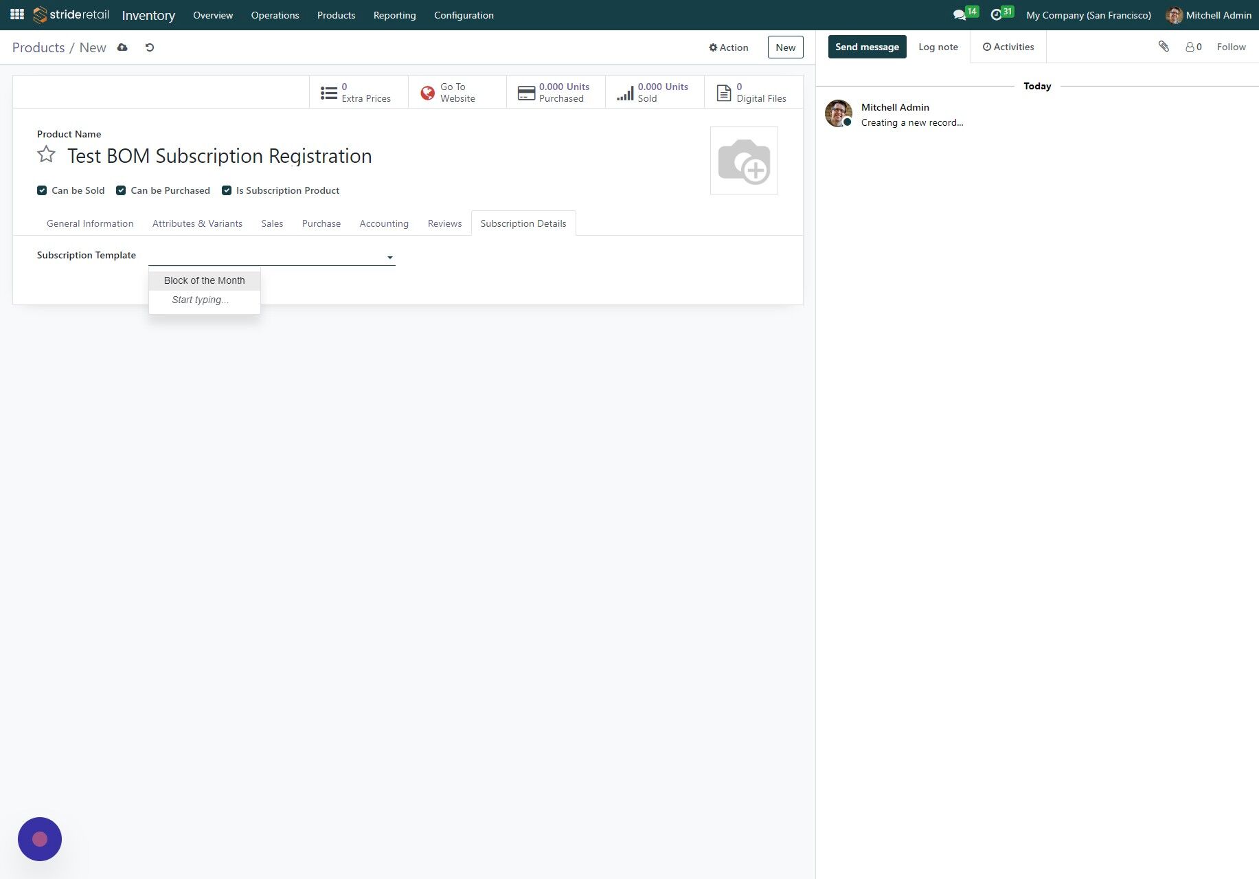 Screenshot of: Select the subscription template that you want this registration product applied to.