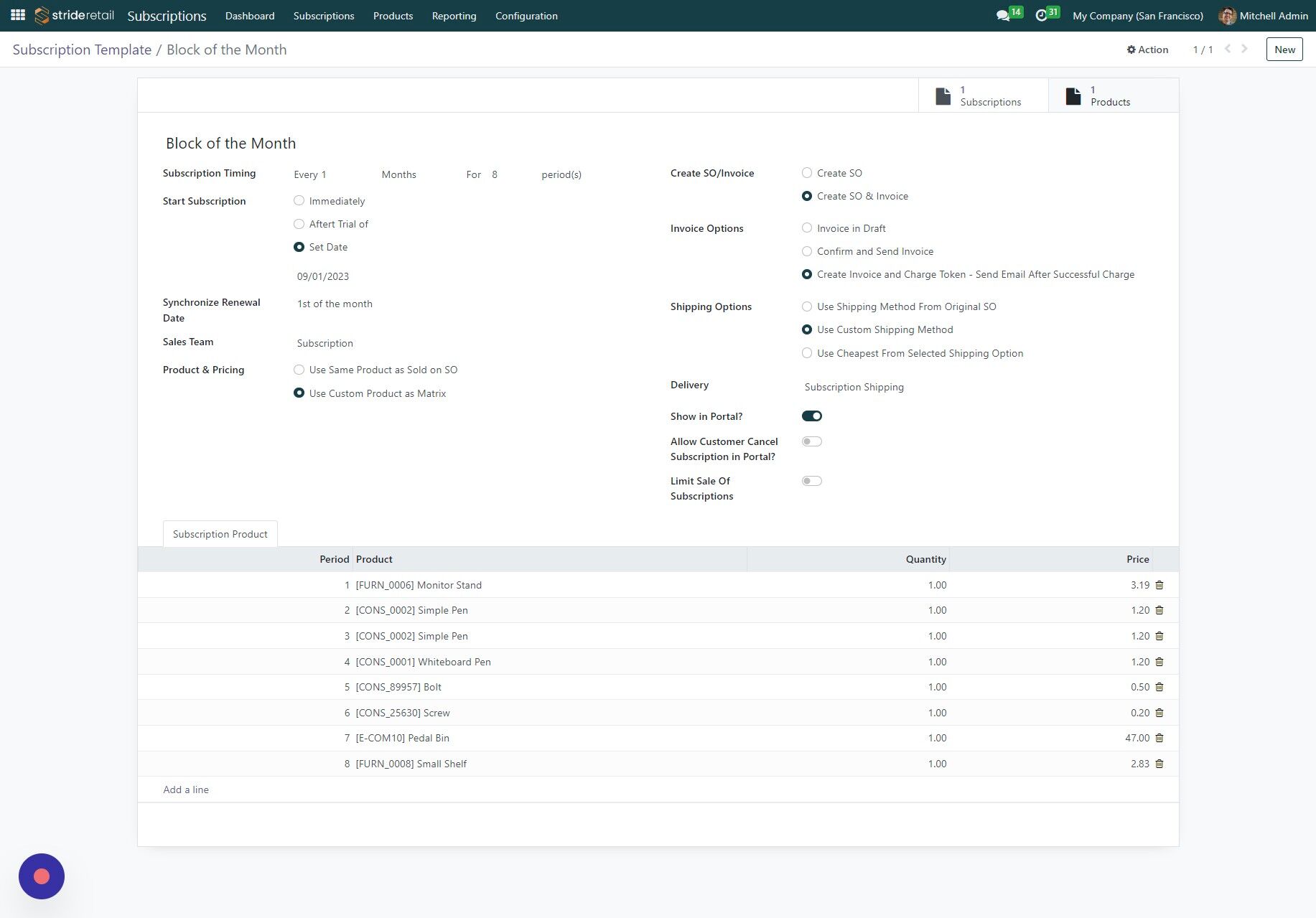 Screenshot of: Now you will notice that there is a "Products" tab at the top of the template.  This shows that there is a product associated with the template.  When this product is purchased it will trigger the subscription to go into effect.