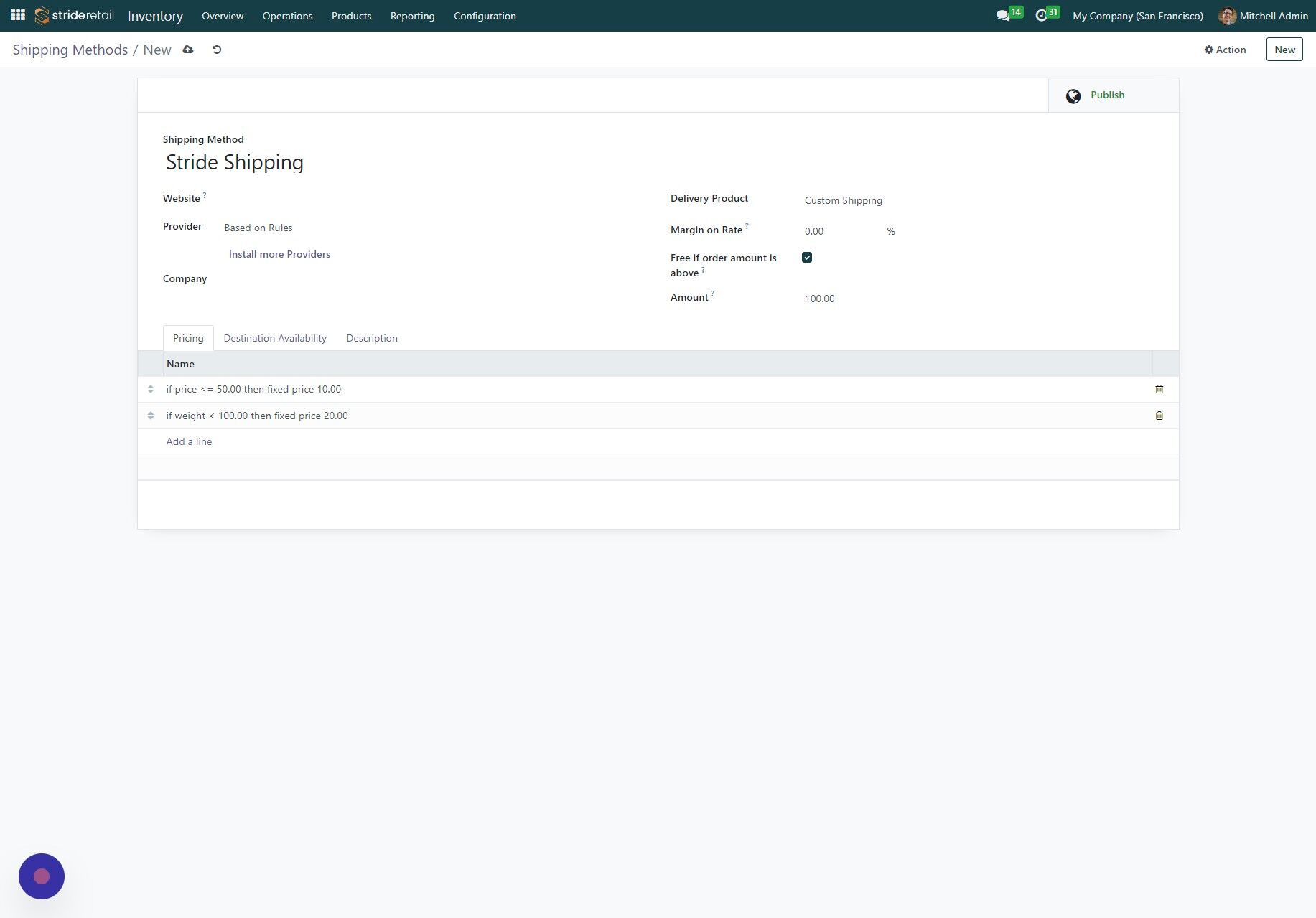 Screenshot of: Click "Publish" to make this shipping method available to customers.