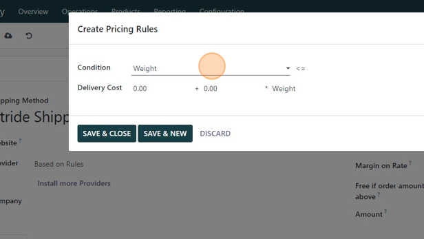 Screenshot of: Click the condition drop down and select how you will make your rules.  If you choose "weight" or "volume" as your condition you will need to make sure that your products have a weight or volume associated with them.