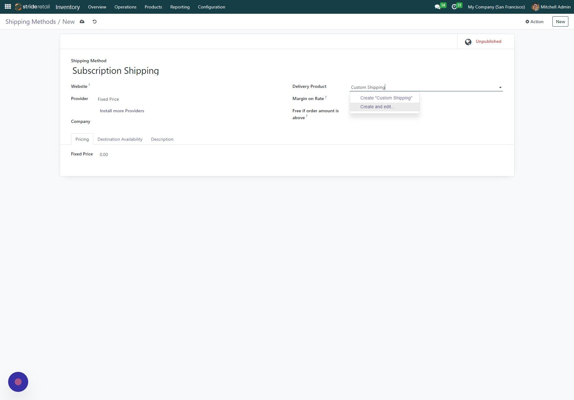 Screenshot of: In this example we created a new delivery product because we want to track the shipping costs separately for this method. Click "Create and edit..."