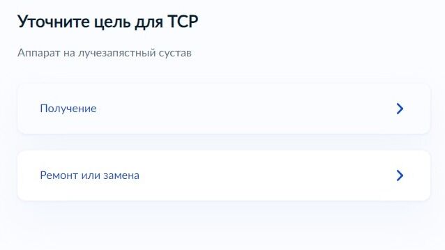 Screenshot of: Уточните цель для ТСР: получение, ремонт или замена. 