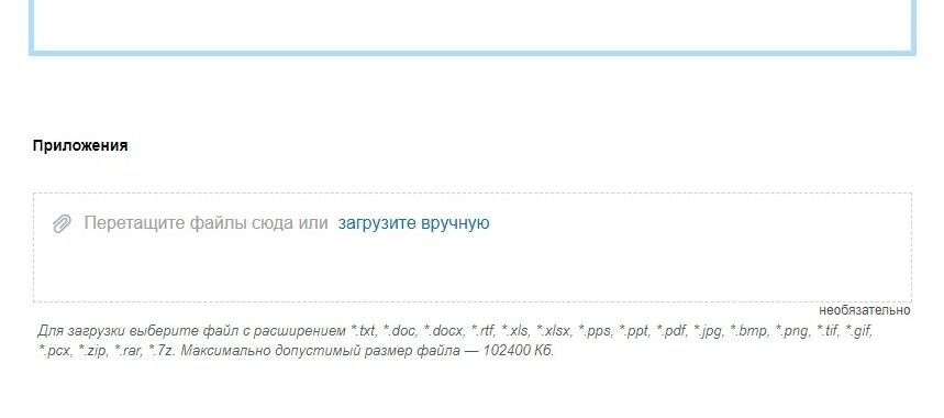 Screenshot of: Дополнительно Вы можете загрузить документы, которые имеют отношение к делу. Внимательно прочтите требования к загружаемым файлам. 
