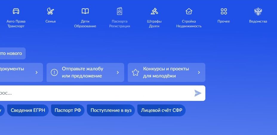 Screenshot of: На главной в меню выберите «Паспорта Регистрация» и перейдите по ссылке.