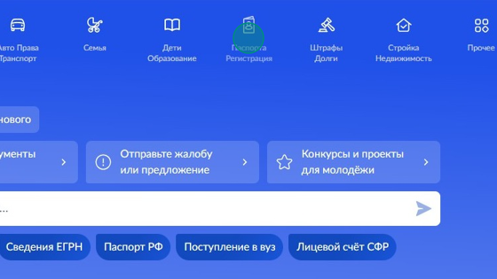 Screenshot of: На главной в меню выберите «Паспорта Регистрация» и перейдите по ссылке.