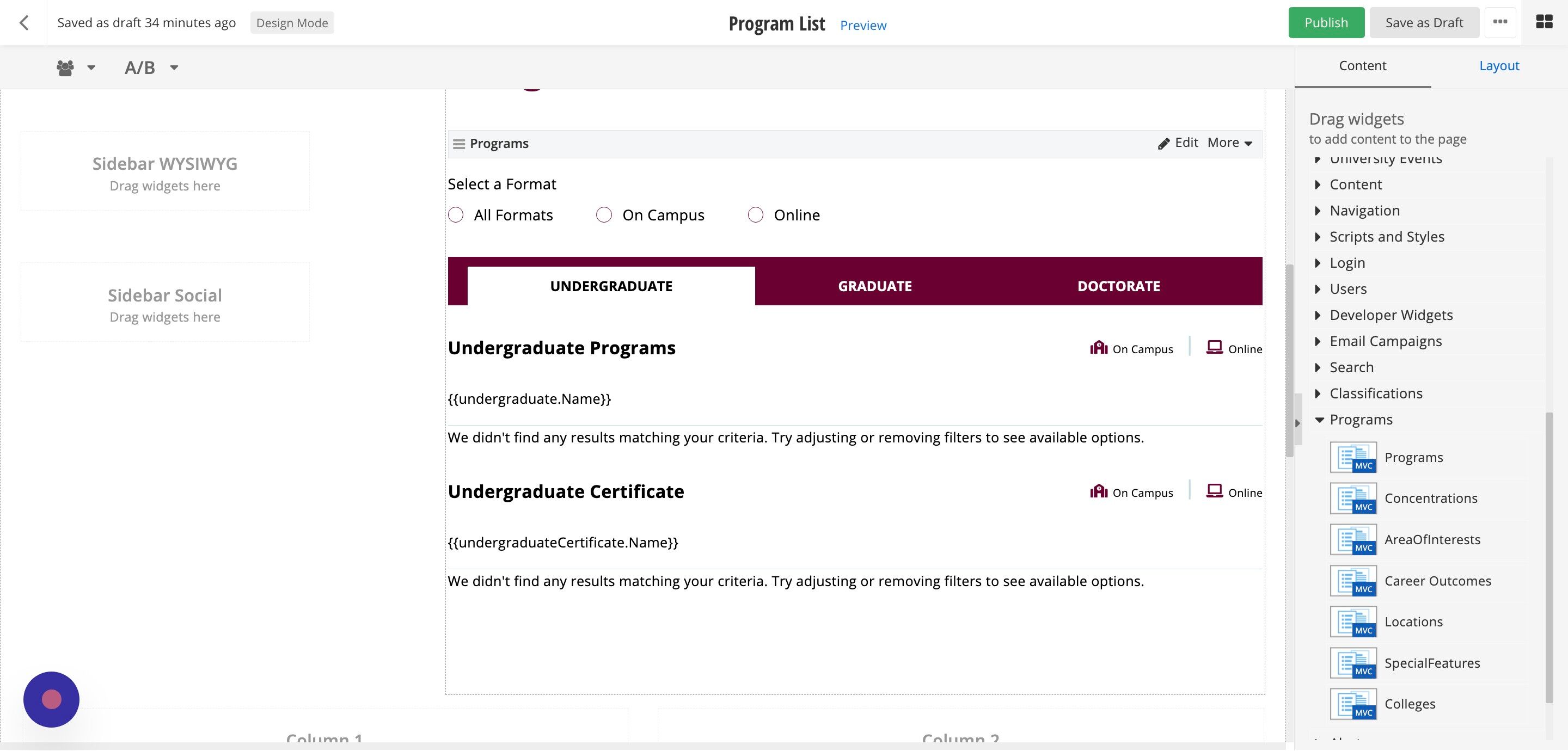 Screenshot of: The programs and certificates you added to the widget will appear in the page's preview. Save your page as a draft or send it for approval or publishing if you're done working on it.