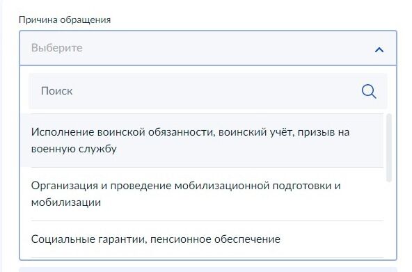 Screenshot of: Например, "Исполнение воинской обязанности, воинский учёт, призыв на военную службу".