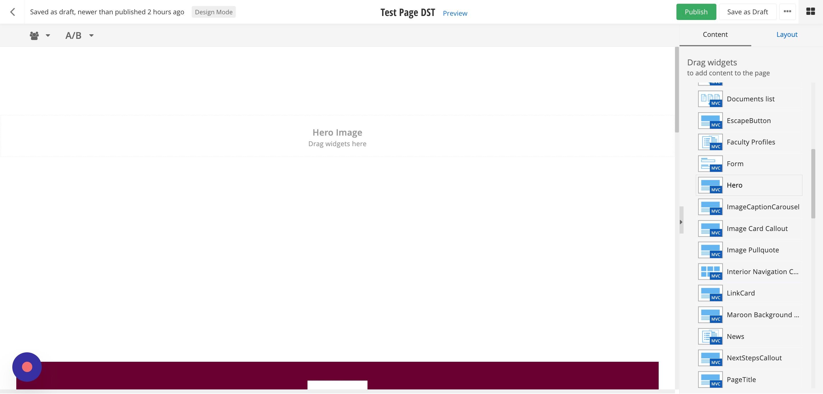 Screenshot of: Locate the Hero widget and drag and drop it into its layout section.
