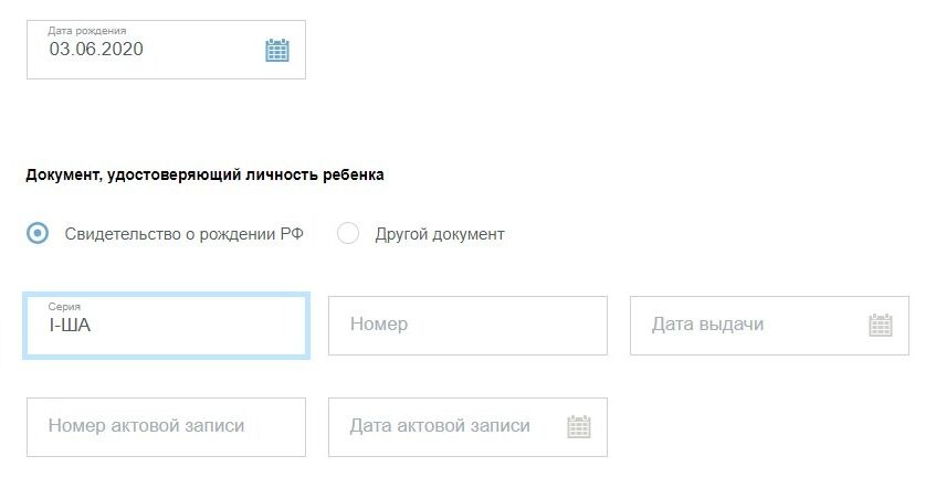 Screenshot of: Введите серию, номер и дату выдачи свидетельства.