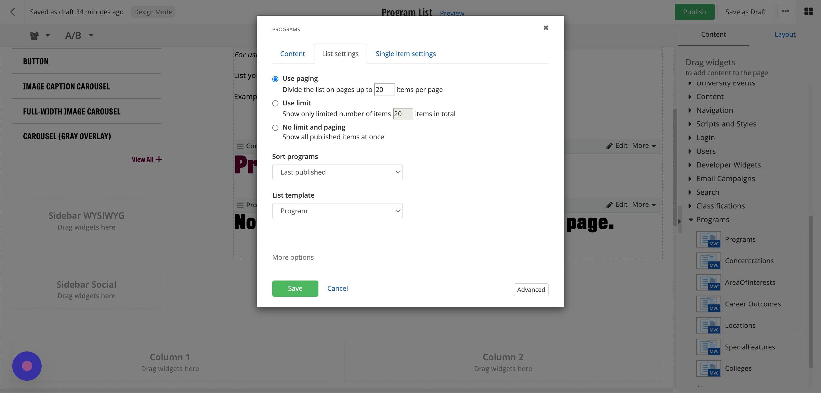 Screenshot of: Under List settings, adjust 