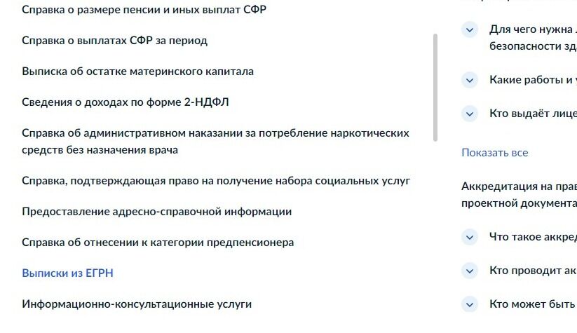 Screenshot of: В списке услуг выберите "Выписки из ЕГРН".