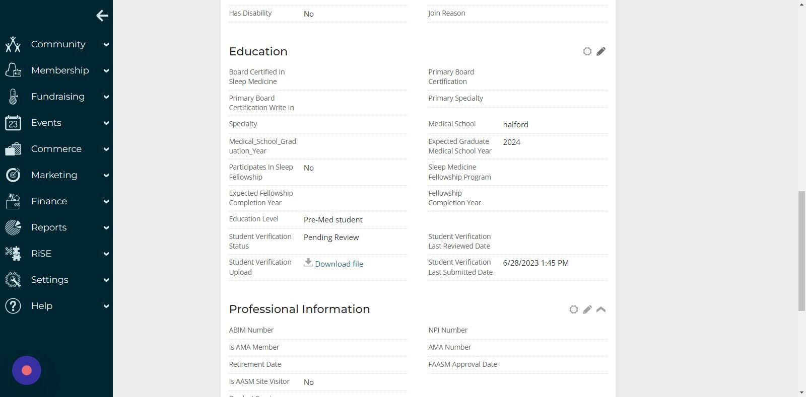 Screenshot of: Click the Pencil icon in the Education section.